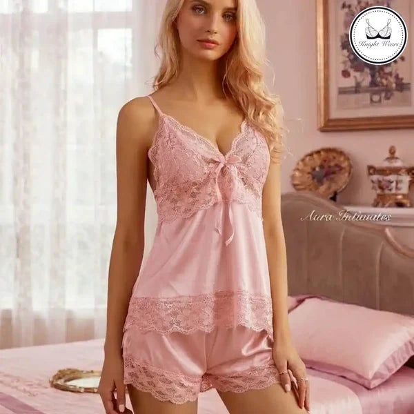 Women's Satin Lace Cami & Shorts Nightwear Set | 2 Piece Silk Sleepwear