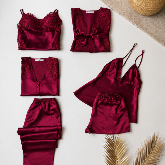5 Pcs Slit Turkish Style Nighty Set Maroon