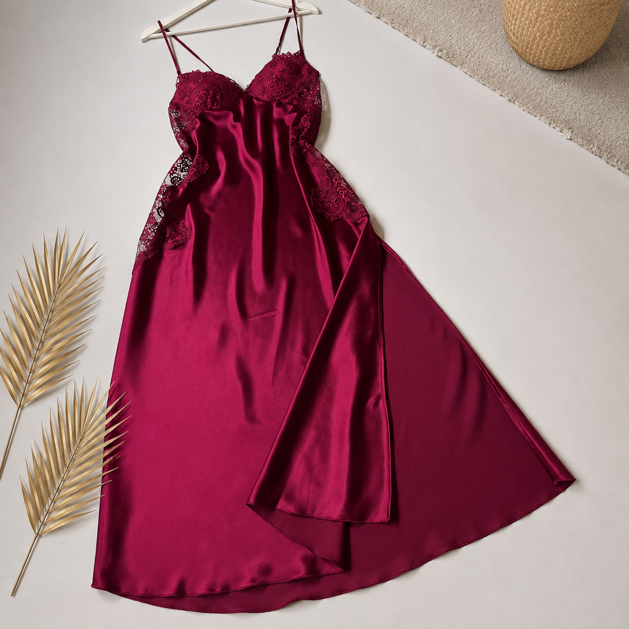 5 Pcs Slit Turkish Style Nighty Set Maroon