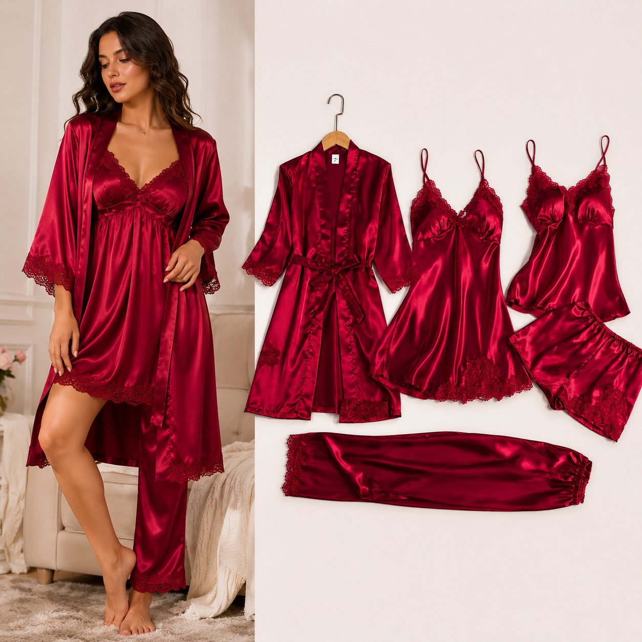 Satin Nightwear Set 5-Piece