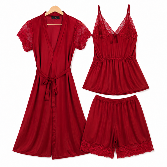 Blush 3-Piece Satin Silk Nighty Set