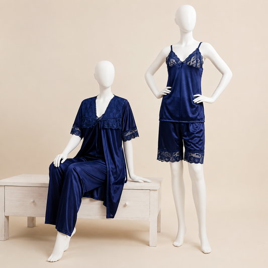 Premium Satin Lace Night Suit – 5 Pcs Set
