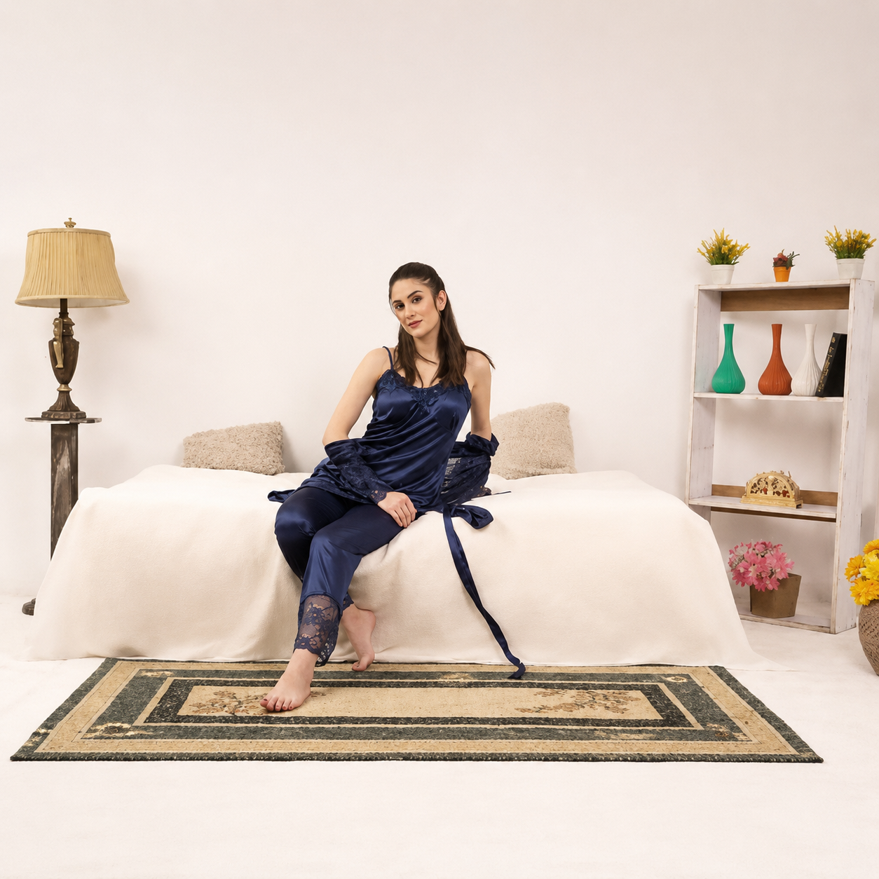 Turkish Satin Jersey Silk Guipure Detail Nighty Set Navy Blue