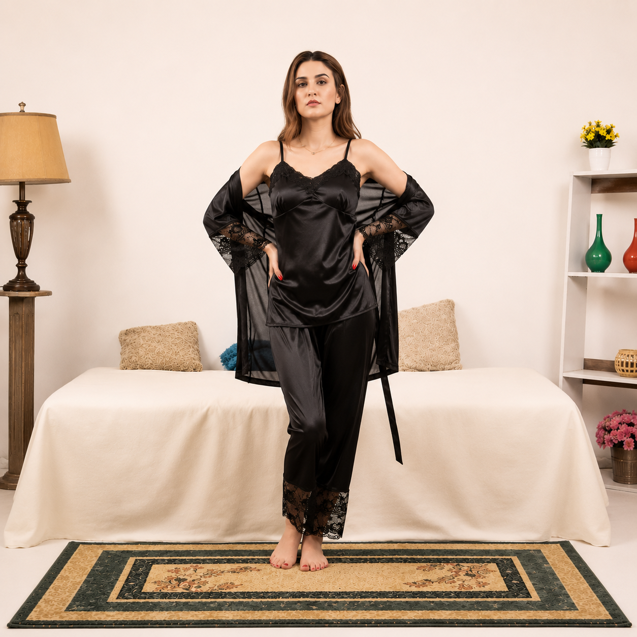 Black Satin Jersey Silk Guipure Detail Nighty Set