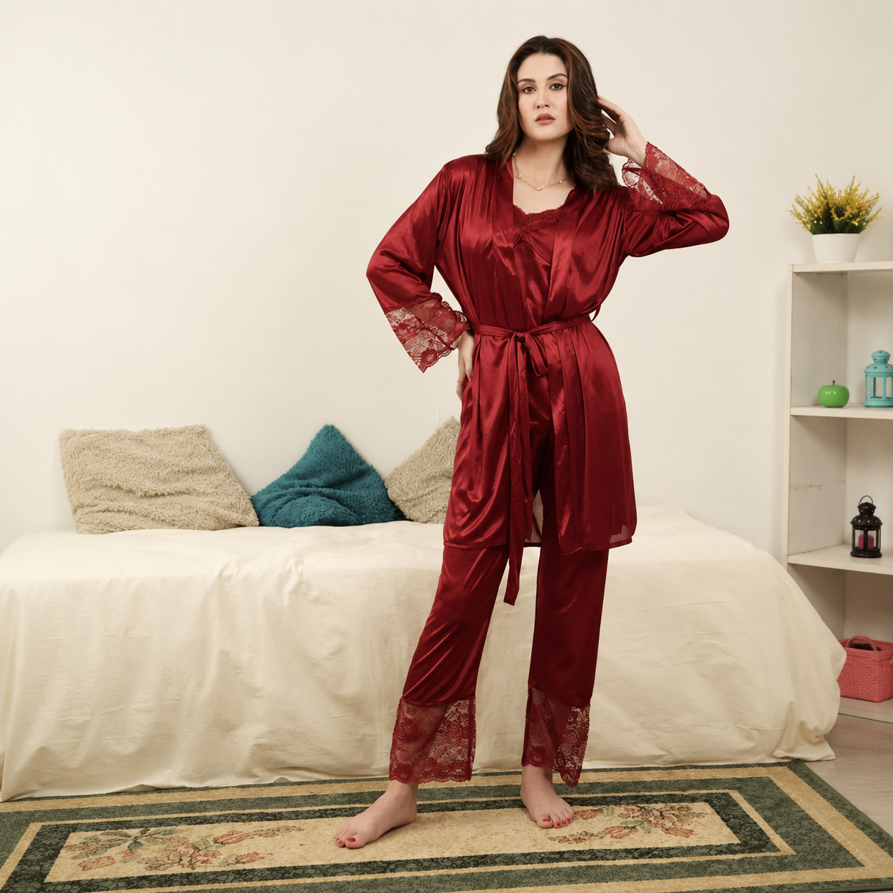 Satin Jersey Silk Turkish Guipure Detail Nighty Set Maroon