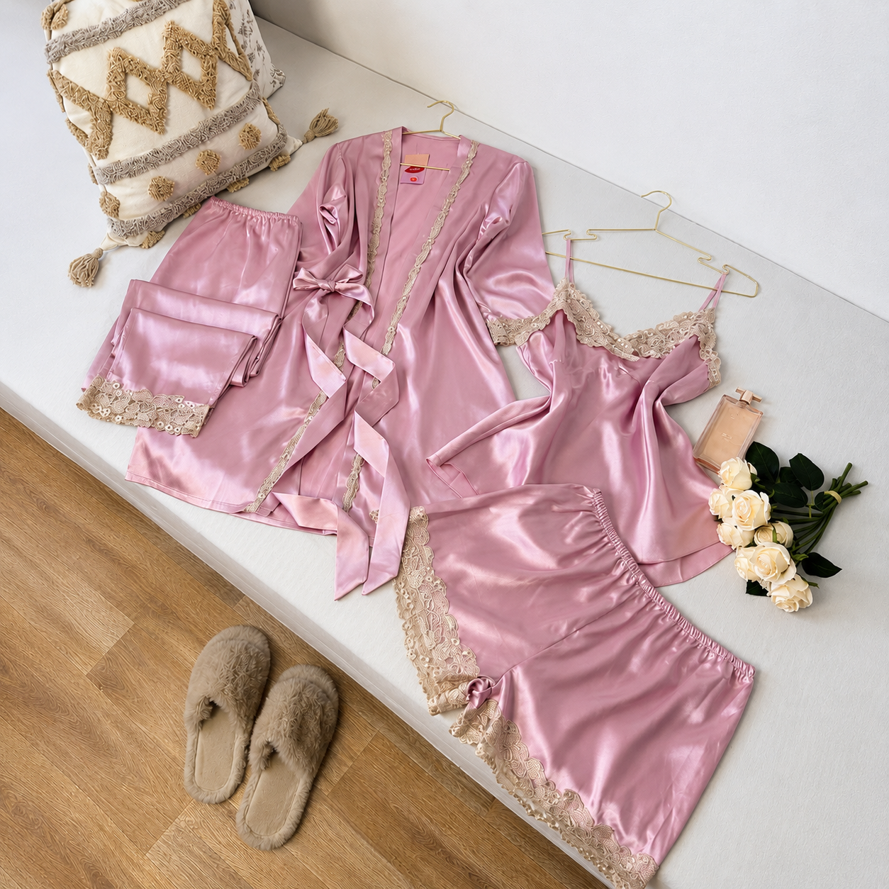 KR Imported Pyjama 5pcs Satin Silk Nighty Set