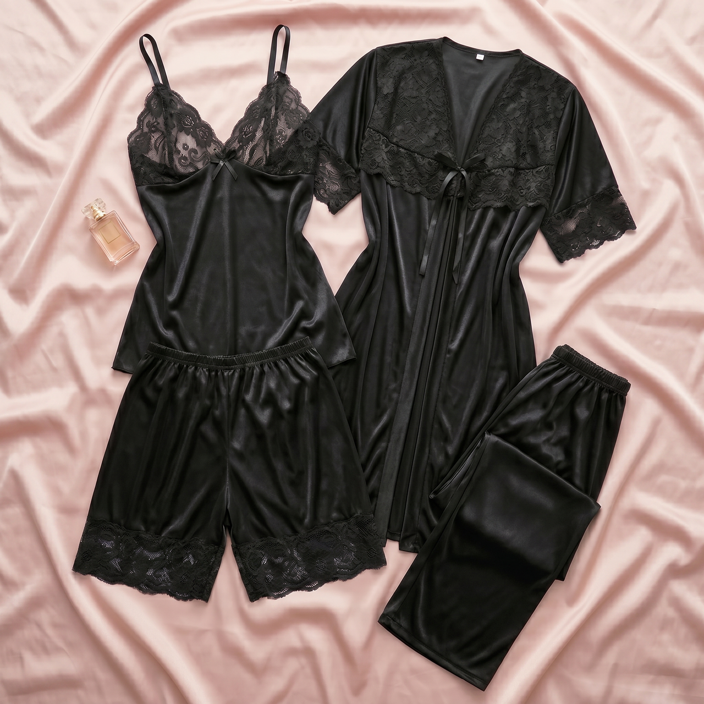 Premium Satin Lace Night Suit – 5 Pcs Set