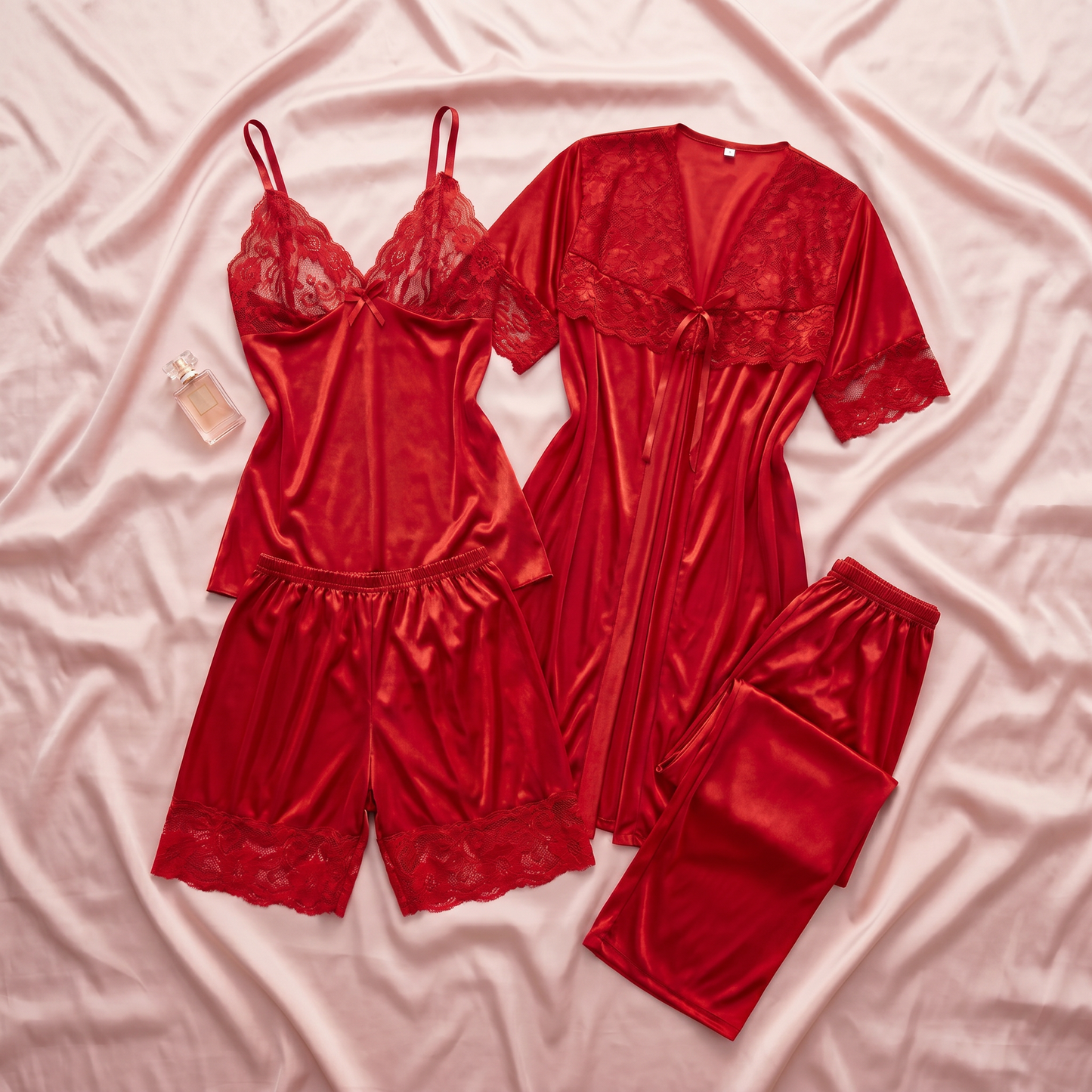 Premium Satin Lace Night Suit – 5 Pcs Set
