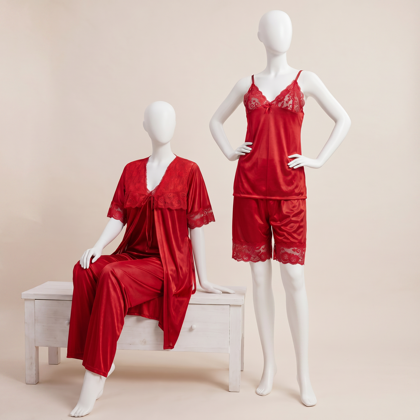 Premium Satin Lace Night Suit – 5 Pcs Set
