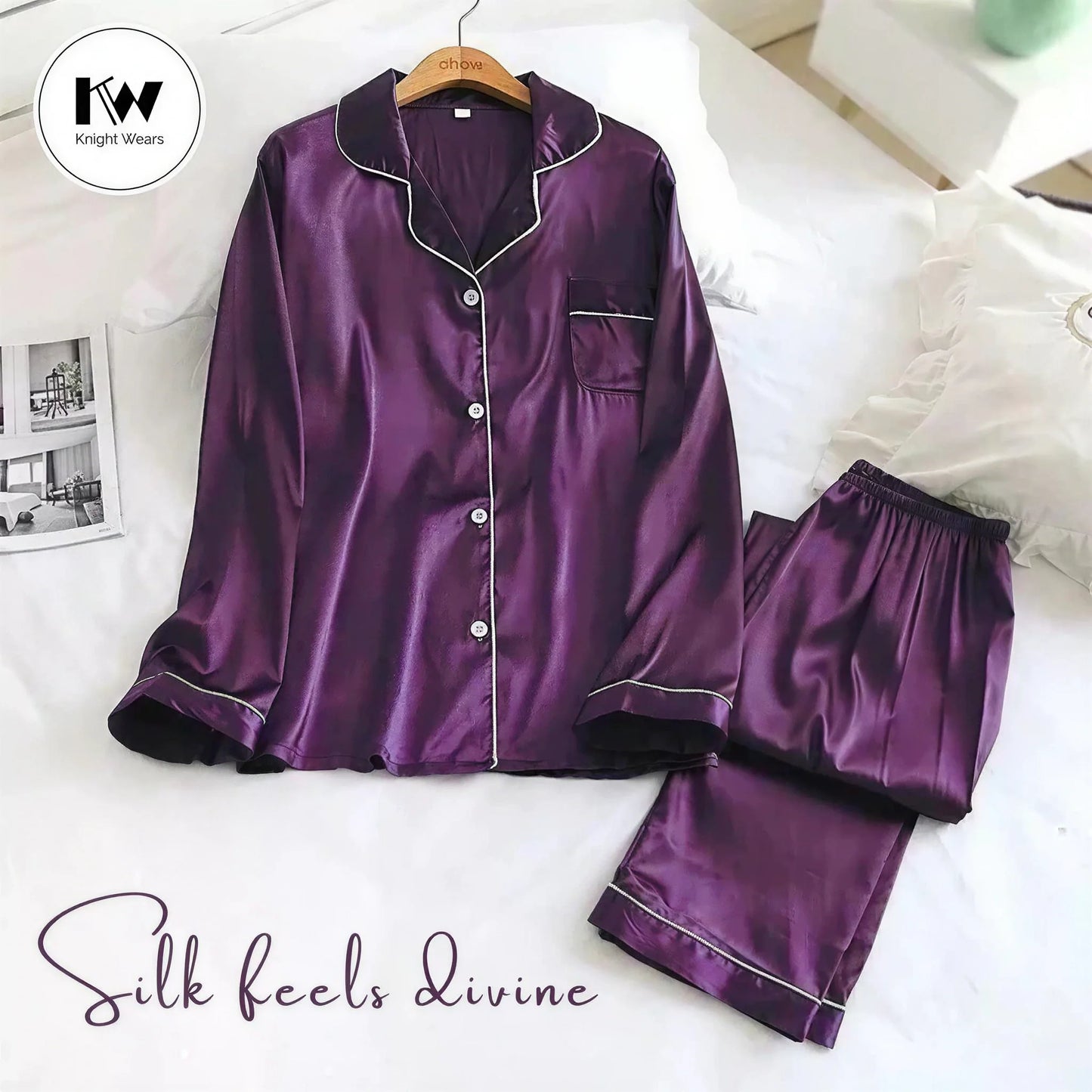 2 Pcs Purple Premium Satin Silk Pajama Set for Women