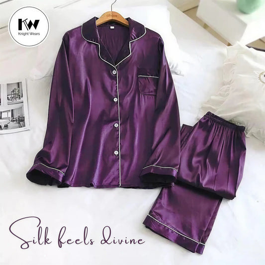 2 Pcs Purple Premium Satin Silk Pajama Set for Women