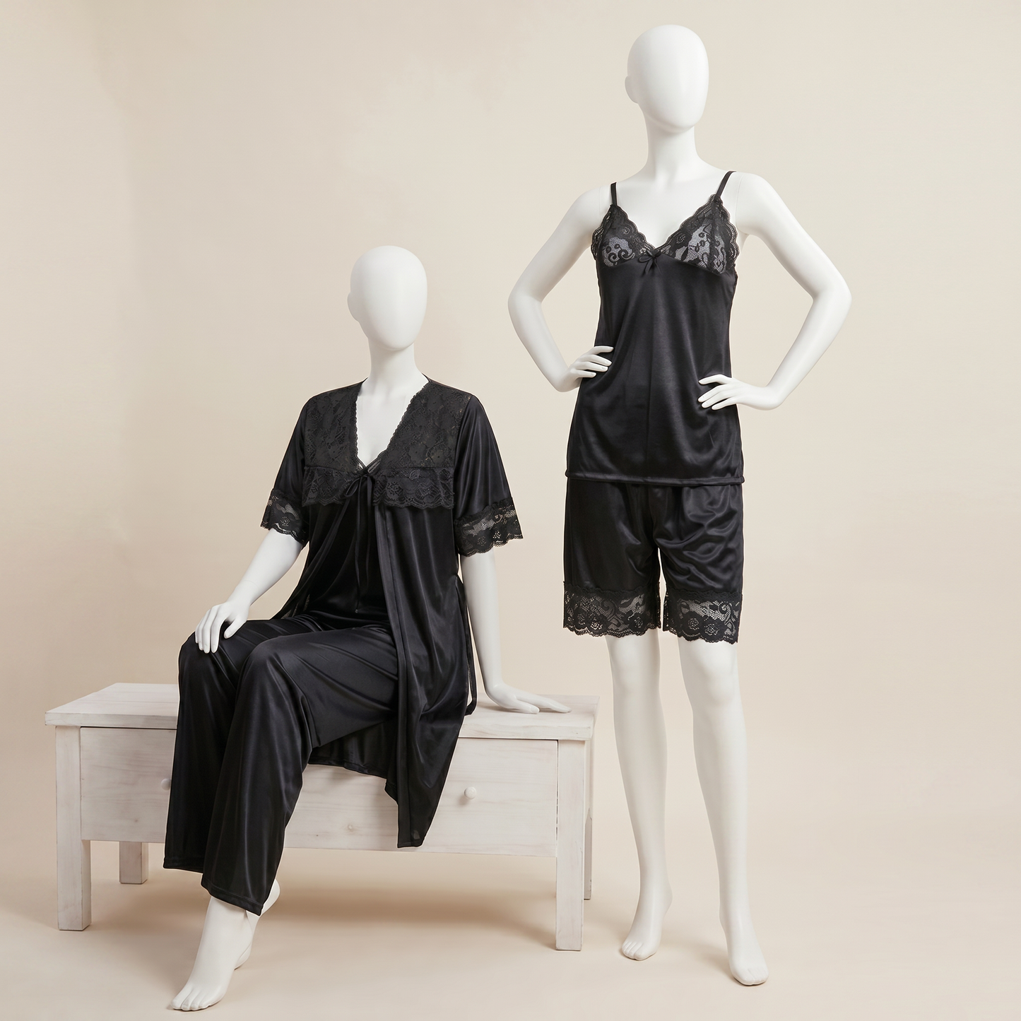 Premium Satin Lace Night Suit – 5 Pcs Set