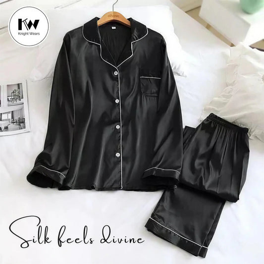 2 Pcs Black Women's Premium Satin Silk Pajama Set – Long Sleeve