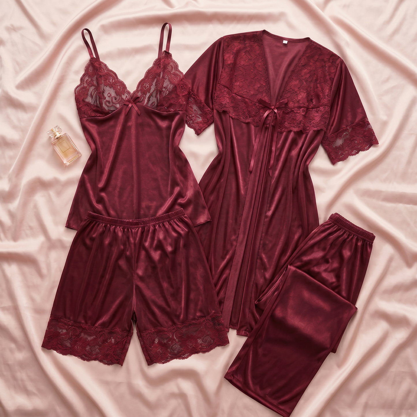 Premium Satin Lace Night Suit – 5 Pcs Set