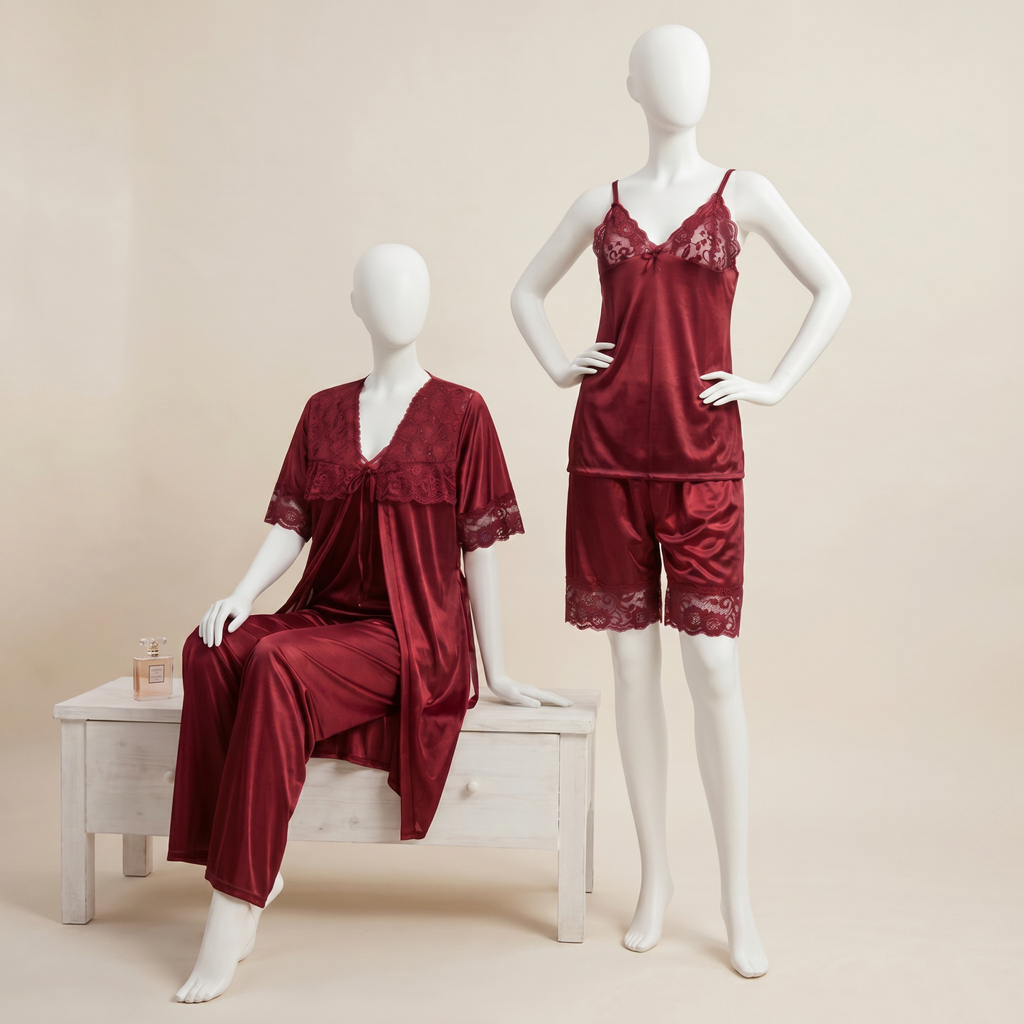 Premium Satin Lace Night Suit – 5 Pcs Set