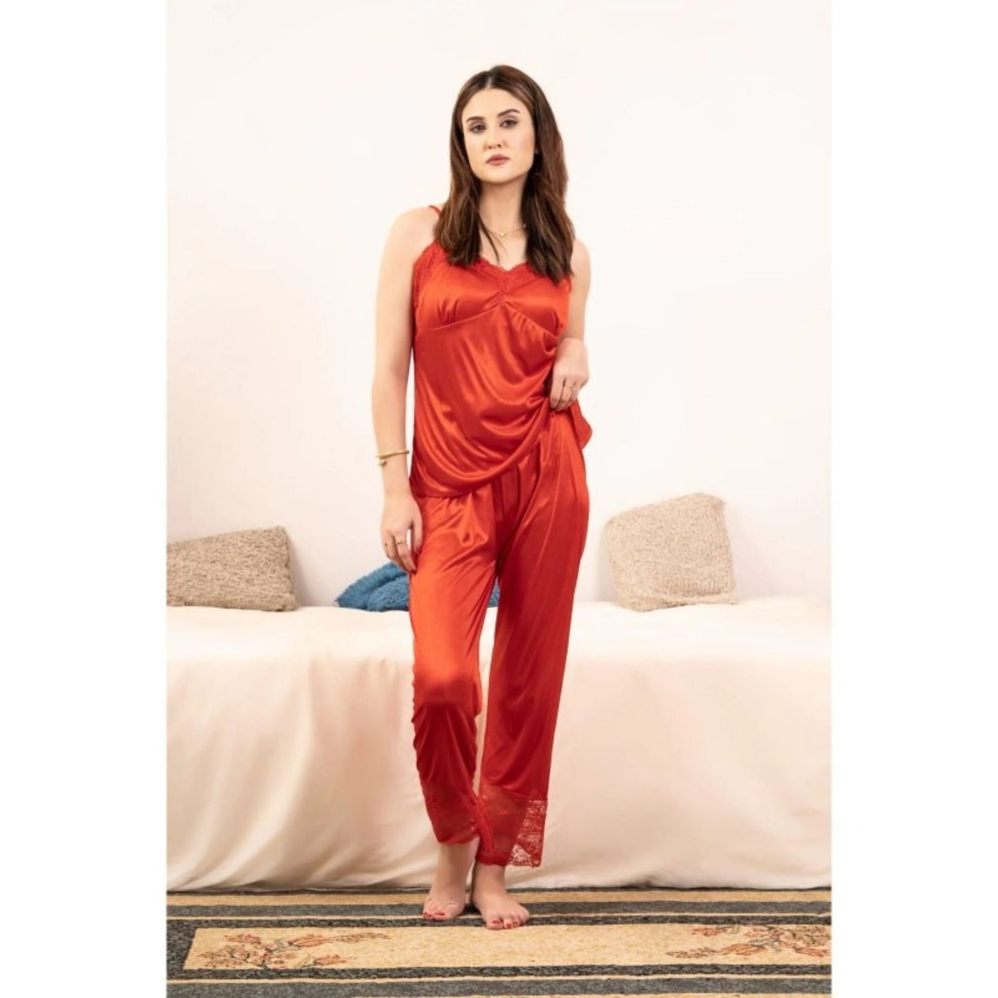 Best Selling Satin Jersey Silk Guipure Detail Nighty Set Red